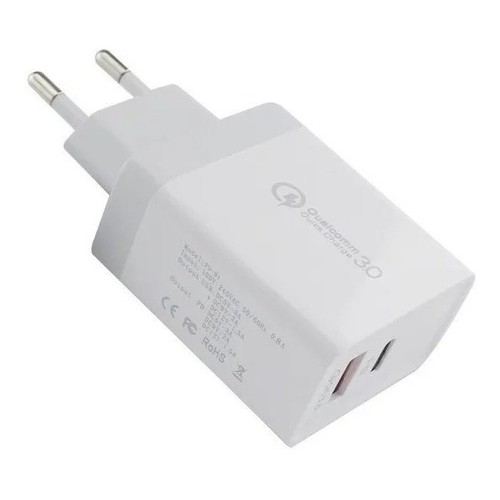 Adaptador Carga Rápida, 2 Entradas, Tipo C Y Usb, 18w | Dugu